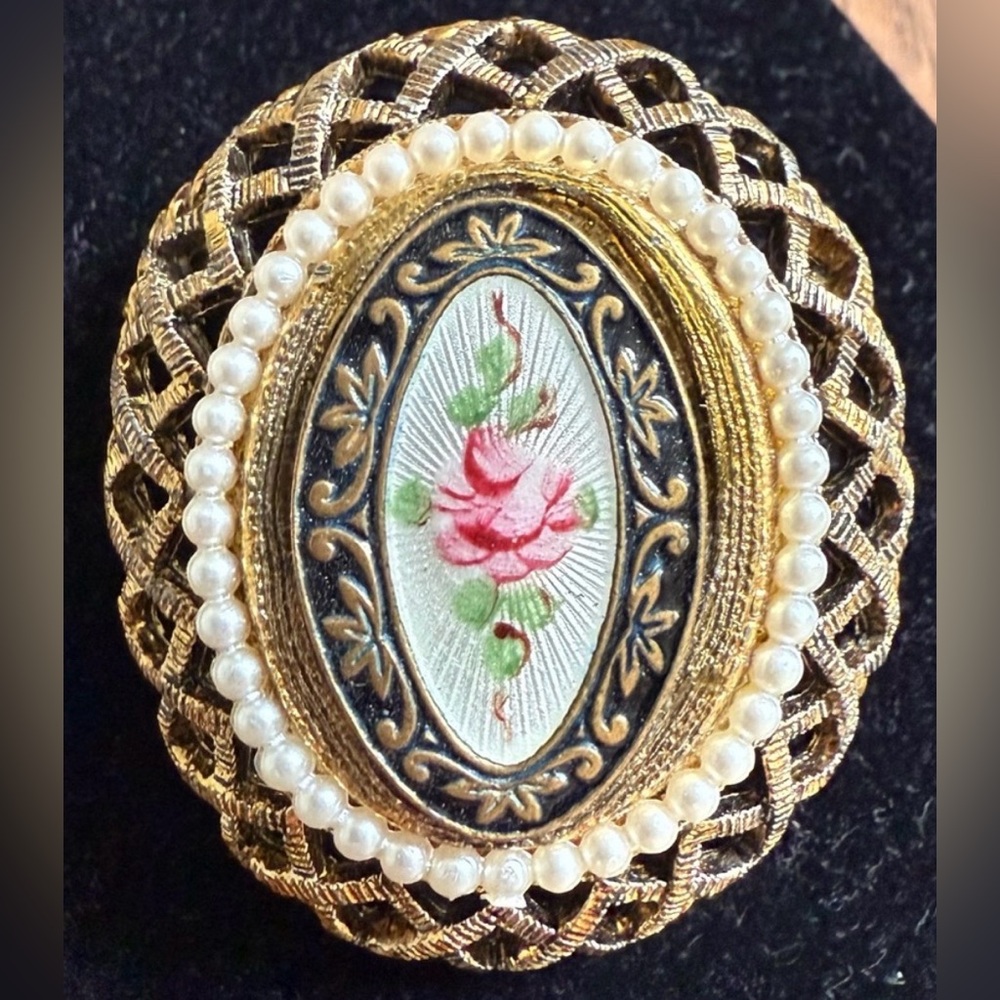 Vintage Faux Pearl Rose Floral Gold Tone Guilloche Brooch Pin Victorian Revival